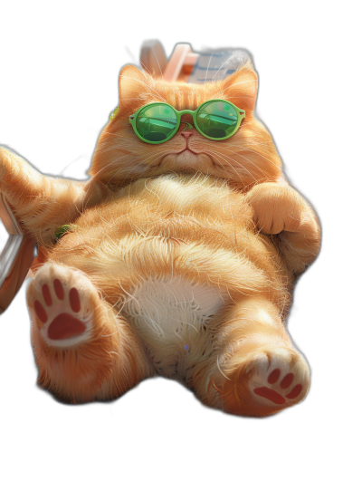 A plump orange cat with green sunglasses lies on the sunbed, cute and adorable with fluffy fur on a black background. It is a full body portrait in the hyper-realistic illustration style of 3D rendering at a high resolution with super detailed fur.