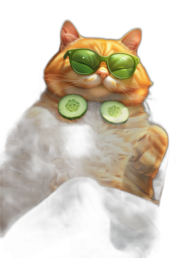 digital art of cute fat orange cat wearing sunglasses and cucumber on its belly , black background, full body portrait