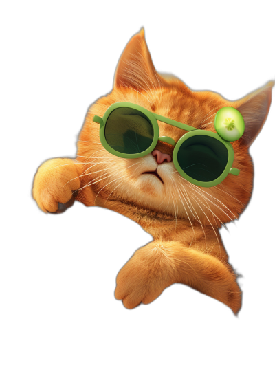 A cute orange cat wearing green sunglasses, pointing at you with its paw on a black background, in the style of Pixar, 3D rendered, high resolution