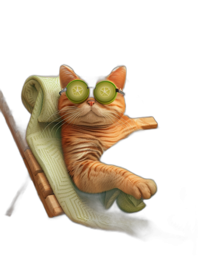 digital art of cute and fat orange cat wearing green sunglasses with cucumber on its eyes, the kitten is lying down in spa chair wrapped up in towel , black background, minimal style, soft light, high quality picture