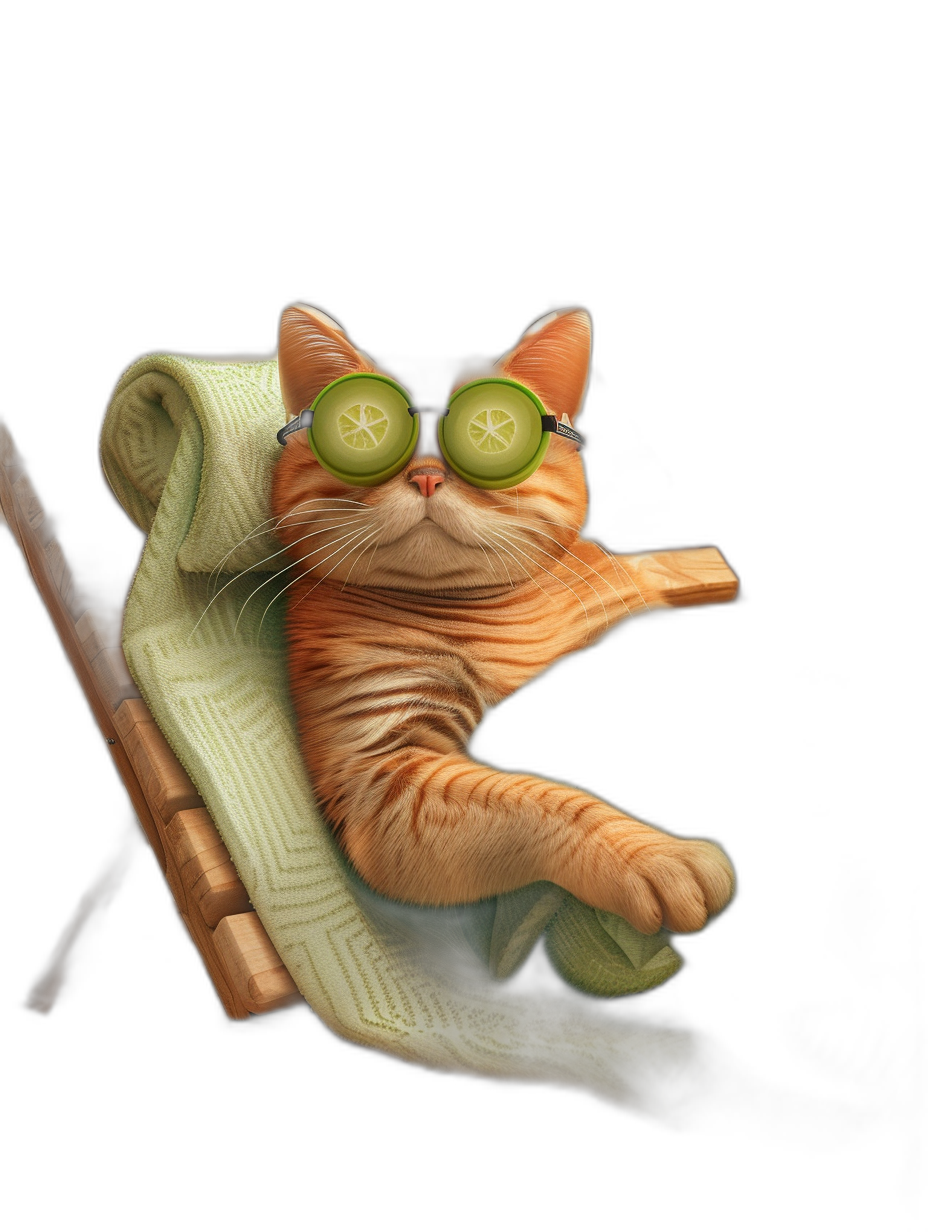 digital art of cute and fat orange cat wearing green sunglasses with cucumber on its eyes, the kitten is lying down in spa chair wrapped up in towel , black background, minimal style, soft light, high quality picture