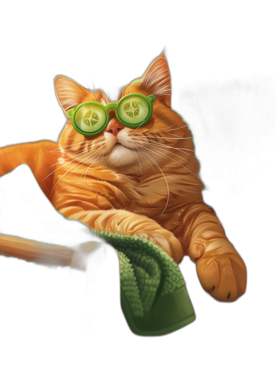 A realistic illustration of an orange cat with cucumber slices on its eyes, lying down and wearing green glasses while relaxing in the spa, against black background, in style by [Mike Ploog](https://goo.gl/search?artist%20Mike%20Ploog), light bronze and amber colors, studio lighting, soft shadows, hyper-realistic details, detailed character design, hyper-detailed illustrations, clean sharp focus, high resolution photography