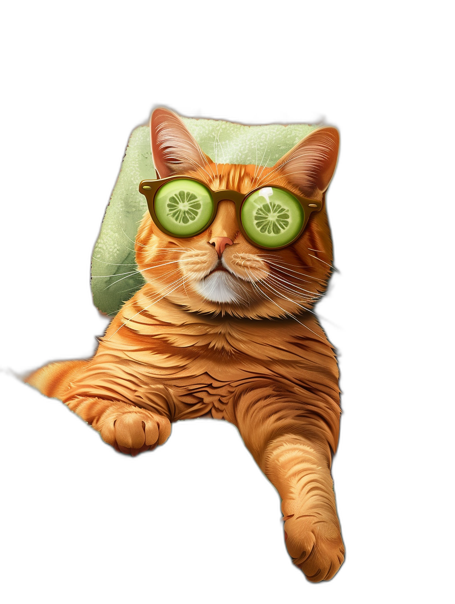 illustration of an orange cat with cucumber slices on its eyes, lying down in the spa and wearing green glasses, isolated black background, high resolution, high details, high quality,