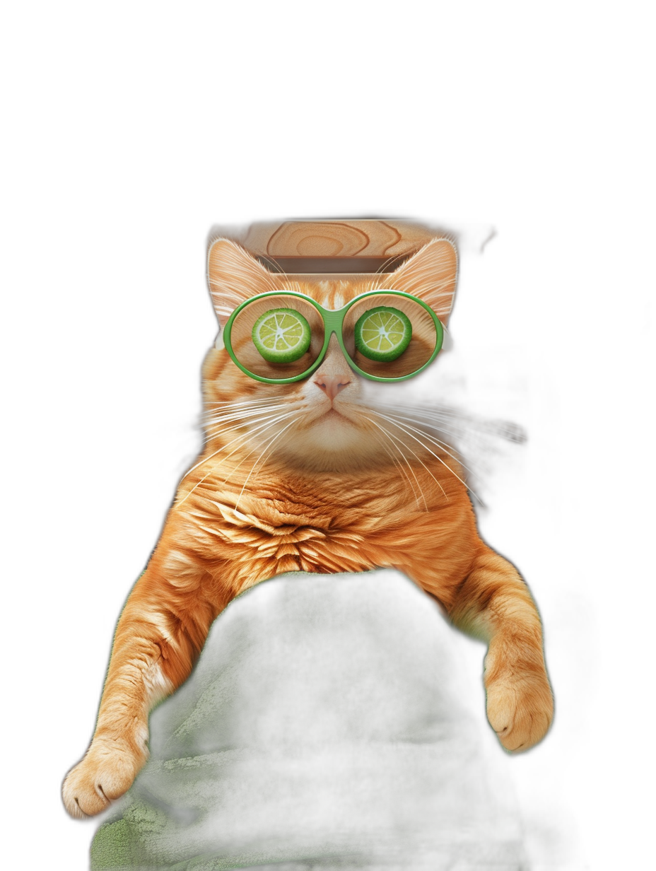 funny orange cat with green glasses and cucumber on eyes, lying in spa, black background, hyper realistic photography