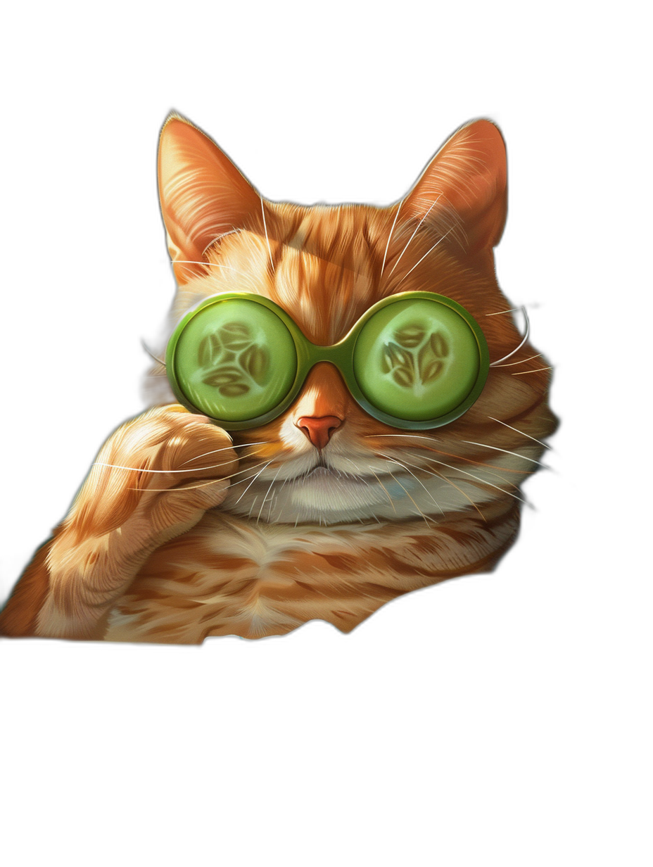 digital art of cute and fat orange cat wearing cucumber sunglasses, black background, digital painting, romanticism style, cinematic light