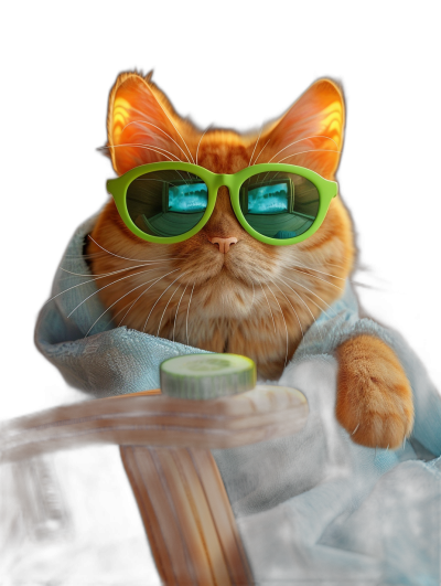 A cute orange cat wearing green sunglasses and wrapped in a blue towel is sitting on a chair with cucumber juice in front of a black background in the style of hyper realistic photography.