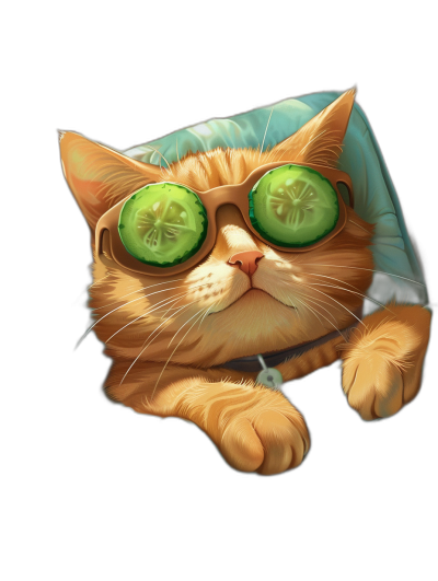 digital art of cute kitten , wear sunglasses with cucumber on its eyes, chill expression and smooth hair , wearing sleeping gown , black background , minimal style , soft-focused realism , playful character designs