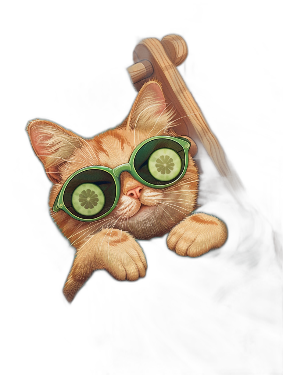 A cute cartoon illustration of an orange cat with green sunglasses and a cucumber in its mouth hanging upside down from the edge, on a black background, digital art in the style of [Artgerm](https://goo.gl/search?artist%20Artgerm), [WLOP](https://goo.gl/search?artist%20WLOP) and [Atey Ghailan](https://goo.gl/search?artist%20Atey%20Ghailan), with high detail, sharp focus, no blur, and intricate details.