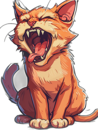 An cartoon illustration of an orange cat with its mouth open and tongue out, vector sticker art design on a black background, detailed character illustrations, wide-angle lens capturing a bright environment with high resolution, high quality, and high detail including extreme details, all in the style of various artists.