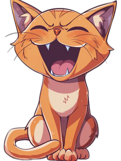 A cartoon cat laughing with its mouth open, in a vector illustration style, with a flat design and simple lines on a black background. The artwork has a sticker art style and is cute and dreamy. It is high resolution, high quality, high detail, high definition, and high contrast with bright, highly saturated colors. The cartoon depicts a cute cat character. The little orange kitten is smiling happily while sitting on the ground. It has white fur around its eyes and nose, giving it an adorable appearance. in the style of Kawaii Chibi Anime.