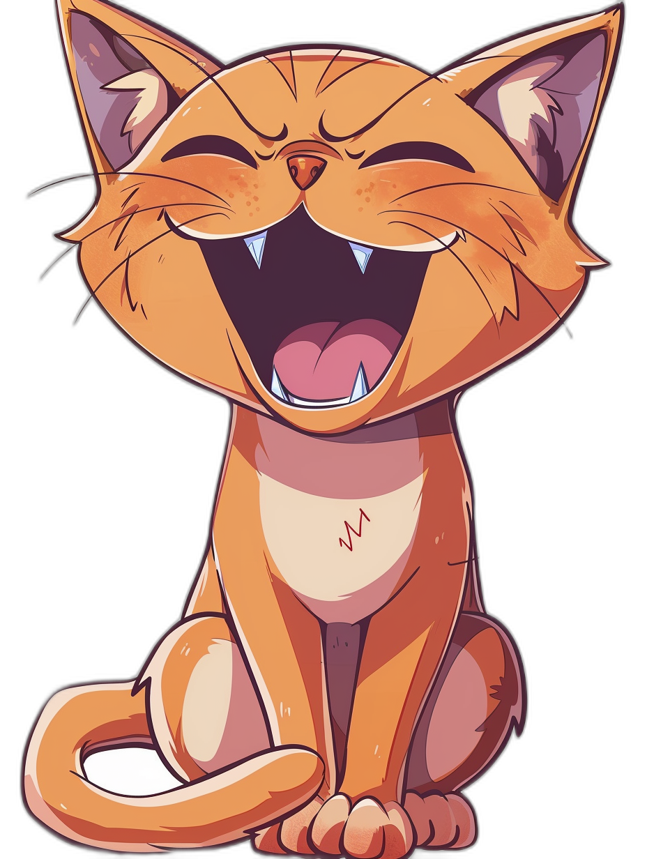 A cartoon cat laughing with its mouth open, in a vector illustration style, with a flat design and simple lines on a black background. The artwork has a sticker art style and is cute and dreamy. It is high resolution, high quality, high detail, high definition, and high contrast with bright, highly saturated colors. The cartoon depicts a cute cat character. The little orange kitten is smiling happily while sitting on the ground. It has white fur around its eyes and nose, giving it an adorable appearance. in the style of Kawaii Chibi Anime.