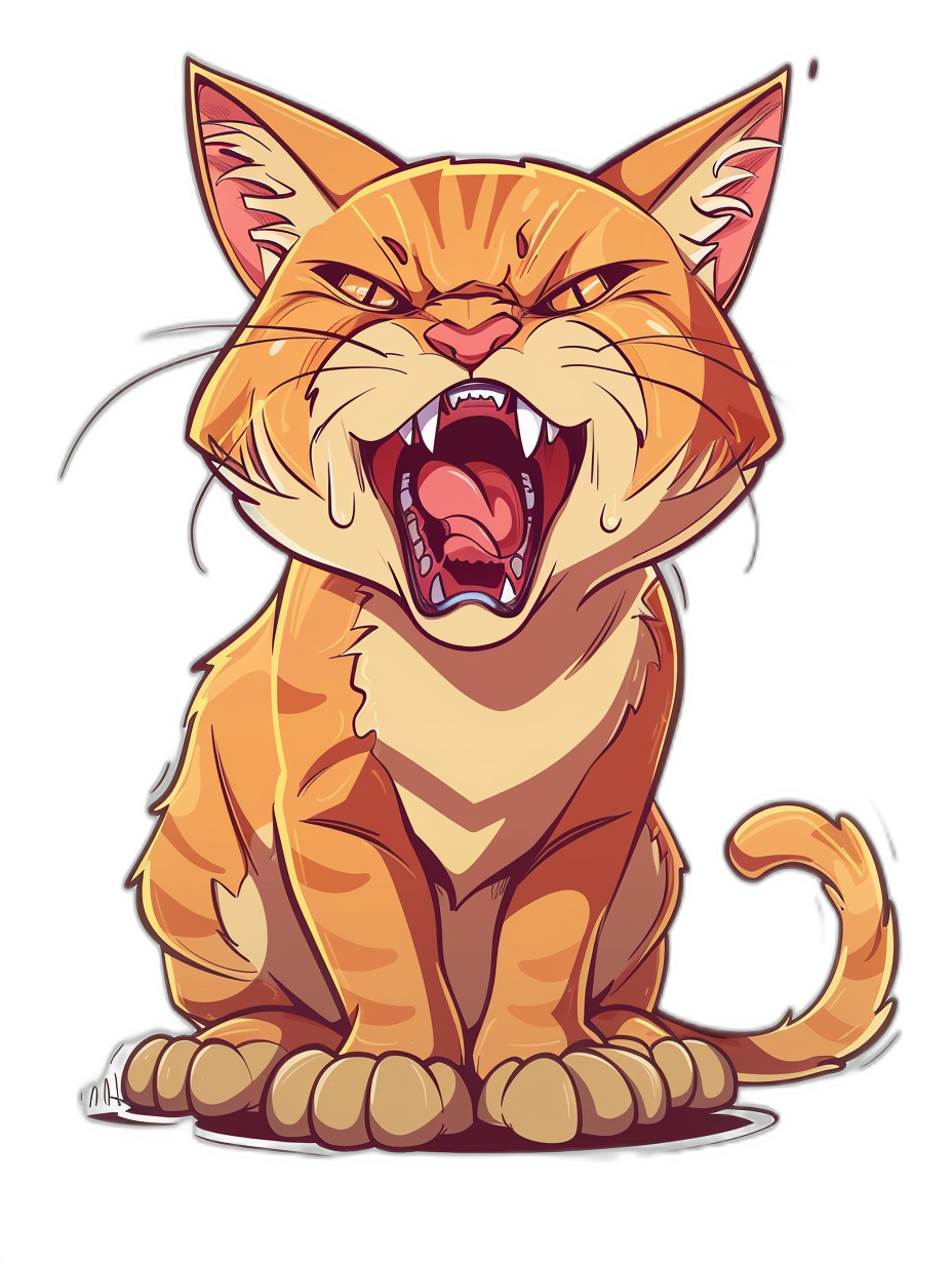 A cartoon cat with its mouth open, in the vector illustration style, flat design, black background, and cute expression. Focus on the head of an orange tabby cat, showing his teeth in anger. Cute pet sticker, cartoon character.