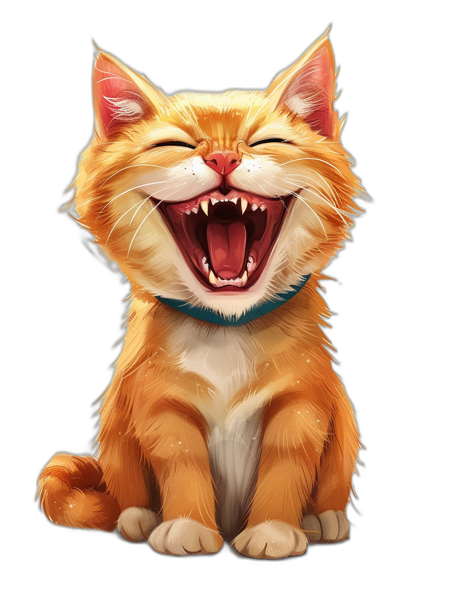 A cute happy cat with its mouth open, laughing heartily in the style of an illustration for a fantasy game concept art, digital painting, black background, full body portrait