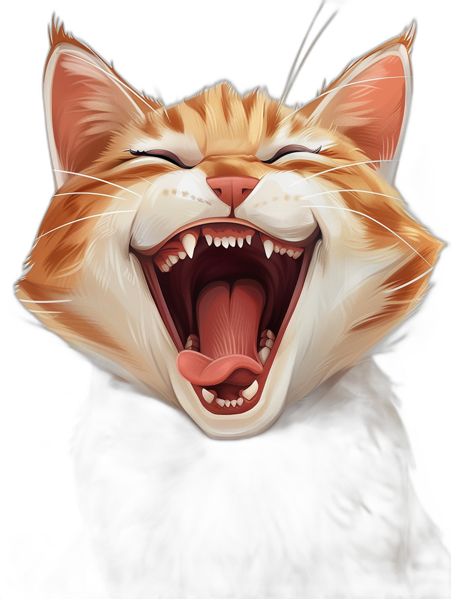 realistic digital illustration of an orange and white cat laughing, mouth open with tongue out, against a pure black background, in the style of art found on artstation and behance, with a soft focus, a digital painting in the style of [Greg Rutkowski](https://goo.gl/search?artist%20Greg%20Rutkowski)