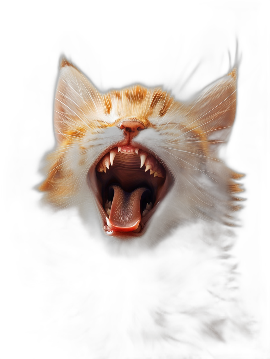 front view of a cute ginger cat showing its teeth, hyper realistic in the style of daniel f gerhartz and [Greg Rutkowski](https://goo.gl/search?artist%20Greg%20Rutkowski) and [Raymond Swanland](https://goo.gl/search?artist%20Raymond%20Swanland), dark background, digital art