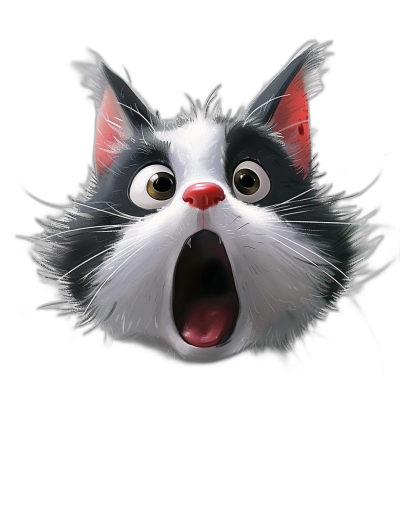 A cute cat head with a surprised expression and mouth open wide, in the style of Pixar, on a black background with a white and red fur color combination, in high definition and high resolution.