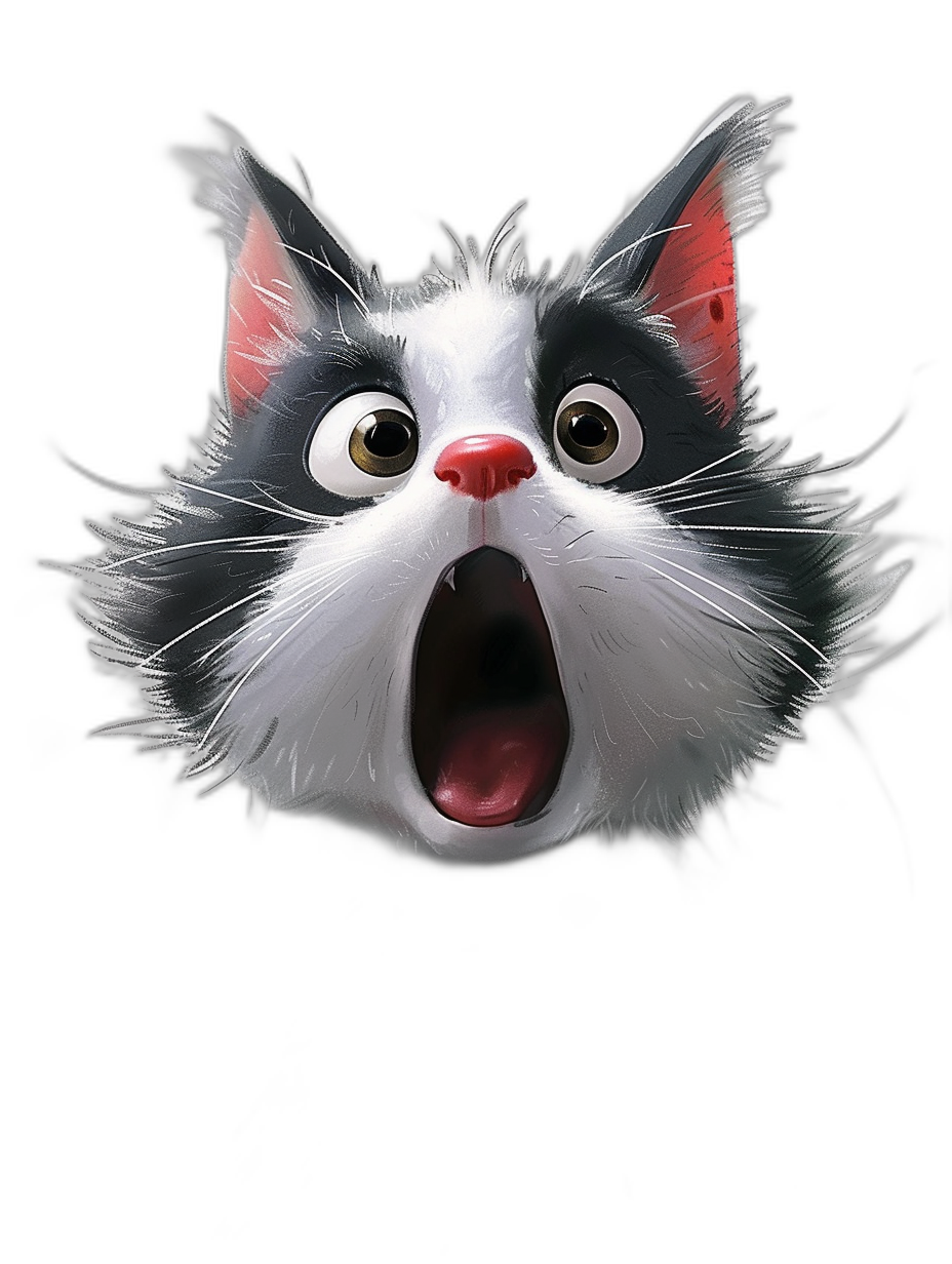 A cute cat head with a surprised expression and mouth open wide, in the style of Pixar, on a black background with a white and red fur color combination, in high definition and high resolution.