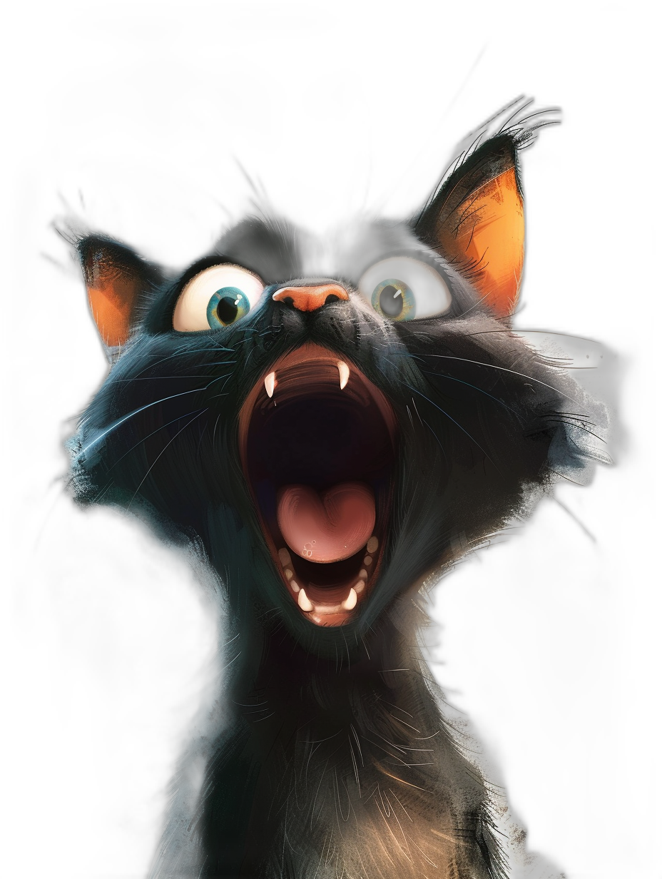 A black cat, very happy and excited, mouth open, in the style of Disney Pixar character design, in the style of Disney Pixar cartoon illustration, black background, digital art in the style of [Marc Simonetti](https://goo.gl/search?artist%20Marc%20Simonetti) & anthropomorphic characters