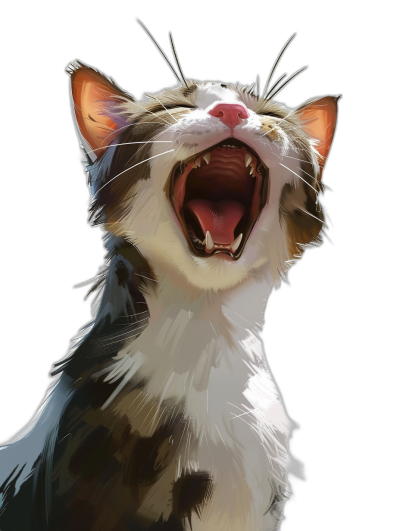 a digital illustration of an happy smiling cat meowing, portrait view, isolated on black background, hyper realistic game art style, concept Art,