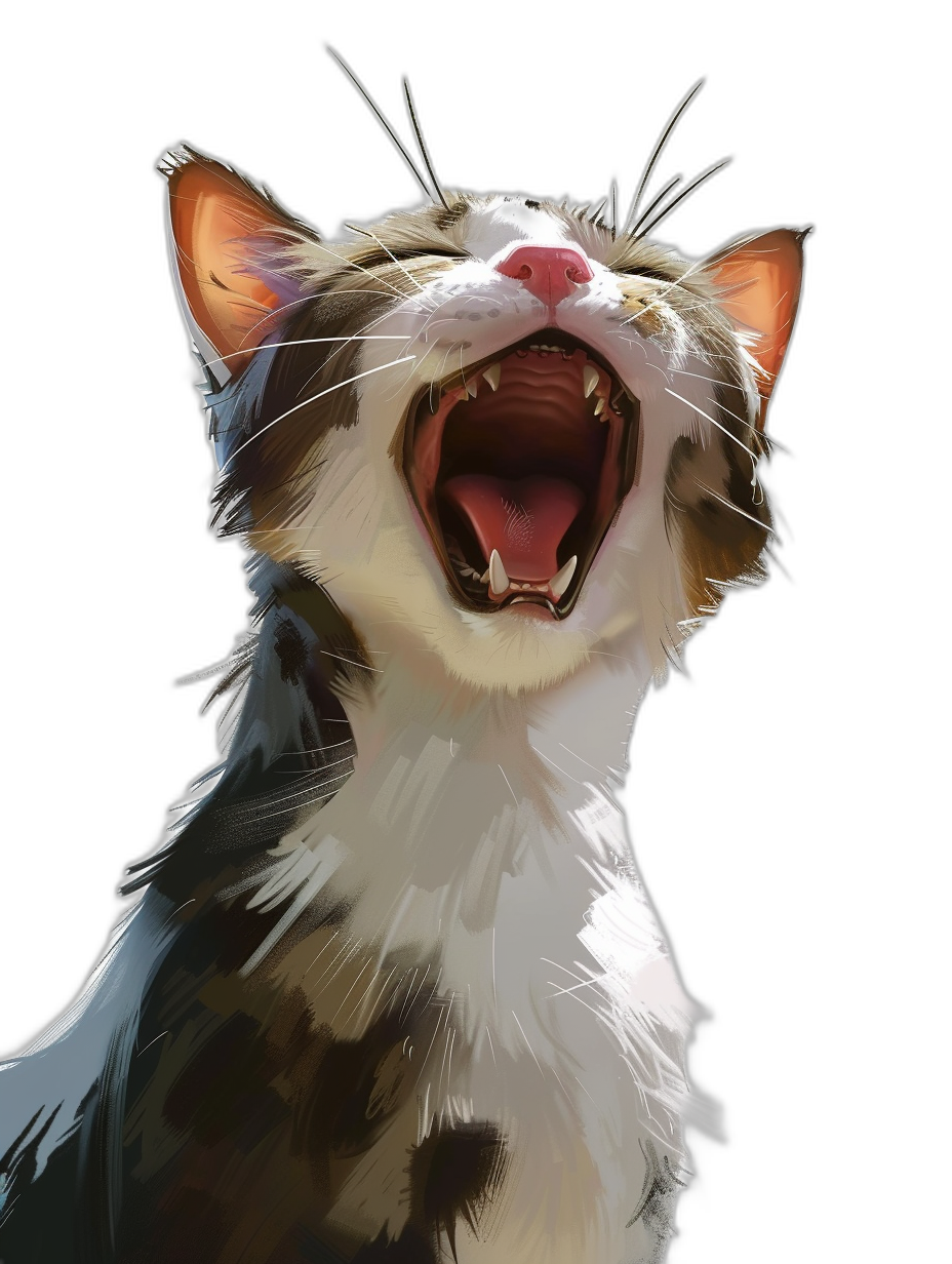 a digital illustration of an happy smiling cat meowing, portrait view, isolated on black background, hyper realistic game art style, concept Art,