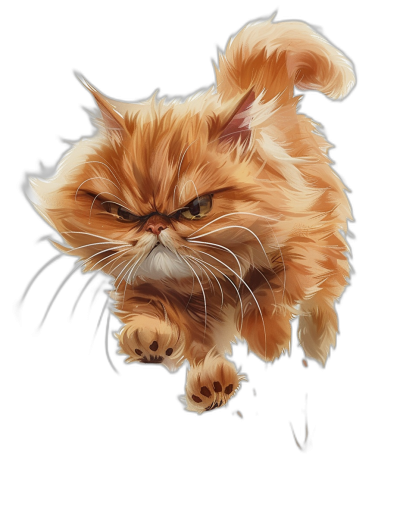 orange persian cat jumping, angry face, digital art style, black background, cute cartoonish designs, hyper-realistic animal illustrations in the style of hyper-detailed illustrations, high resolution