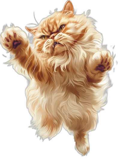 a persian cat jumping in the air, vector art, digital painting, hyper detailed, full body portrait, high resolution, high details, high quality, high contrast, isolated on black background, white fur with ginger head and eyes, white paws.