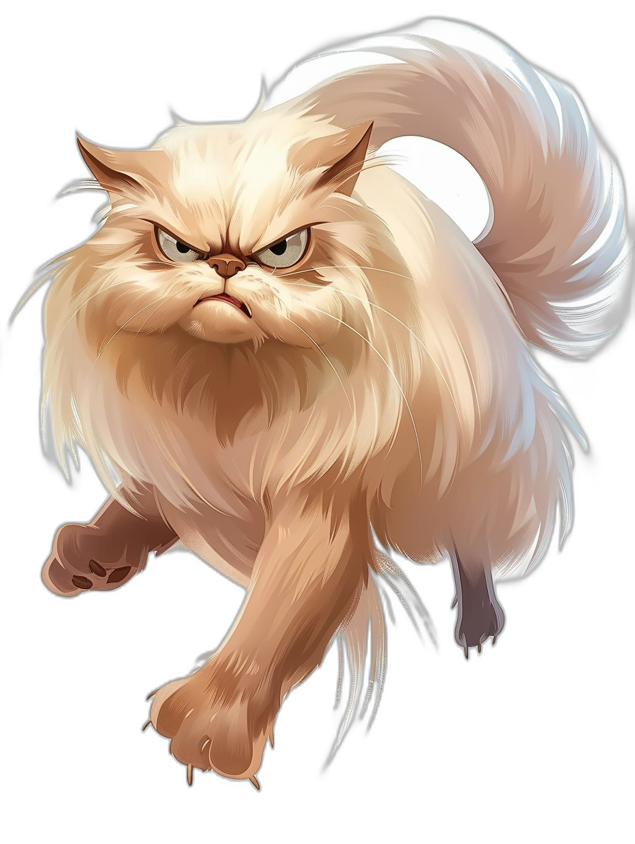 Illustration of an angry cream-colored Persian cat running towards the viewer against a black background in the style of fantasy.