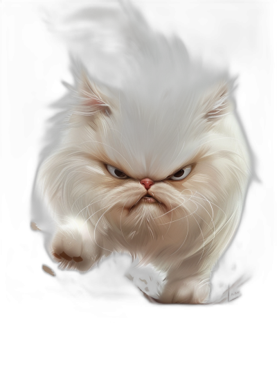 A white Persian cat with an angry expression, running in the air in the style of [Greg Rutkowski](https://goo.gl/search?artist%20Greg%20Rutkowski) and in the style of [Thomas Kinkade](https://goo.gl/search?artist%20Thomas%20Kinkade) and in the style of [Boris Vallejo](https://goo.gl/search?artist%20Boris%20Vallejo), cartoon style, black background, digital art.