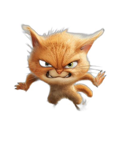 Cute angry orange cat jumping, black background, in the style of Pixar, in the style of Disney cartoon, full body, high definition, high resolution, cute and funny, high quality