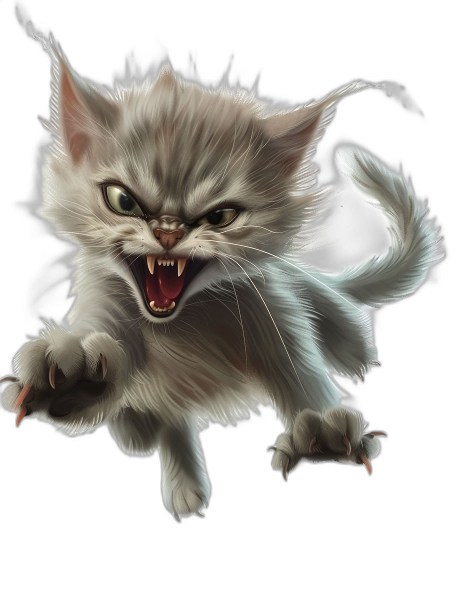 A white kitten, snarling and jumping at the camera, full body, against a black background, in the fantasy art style, 2d game art, d&d character design.