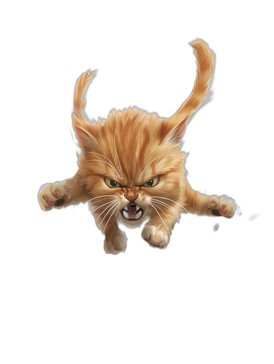 realistic digital illustration of an angry ginger cat jumping, black background, by rockstar games, pixar and Disney animation studio style