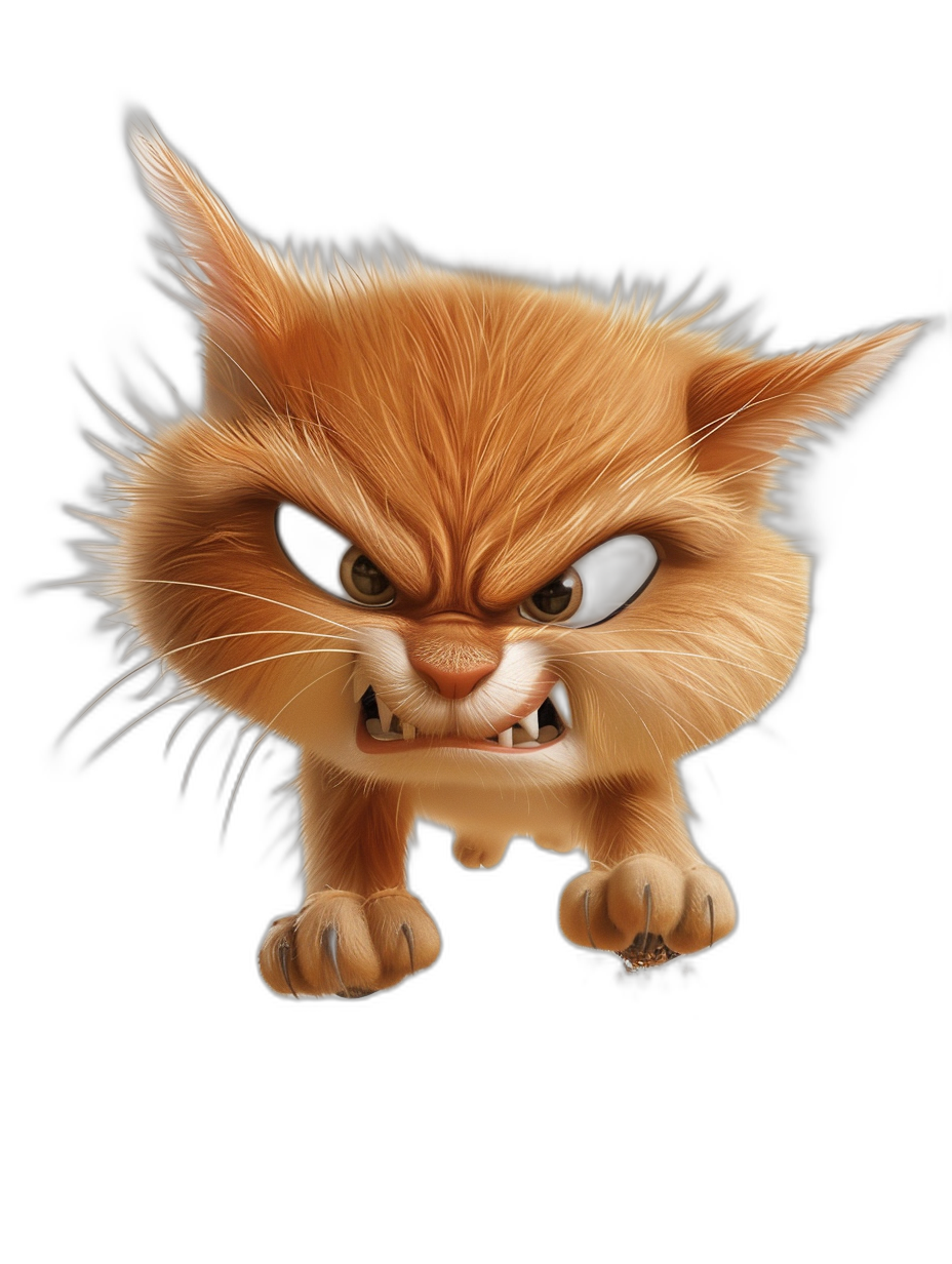 realistic cartoon illustration of an angry ginger cat, isolated on a black background, digital art in the style of Disney and Pixar