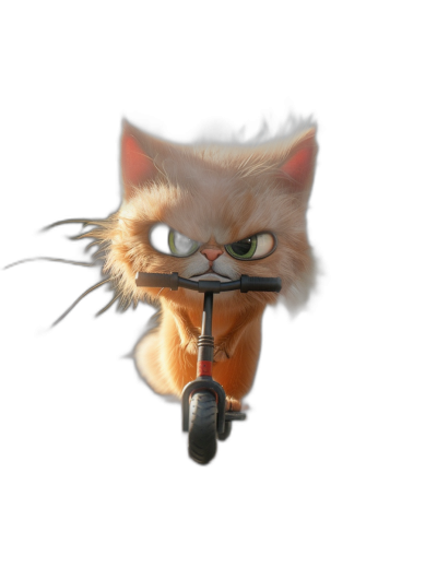 front view of an angry ginger cat riding on a scooter, black background, in the style of Pixar style cartoon character, cute, 3D render