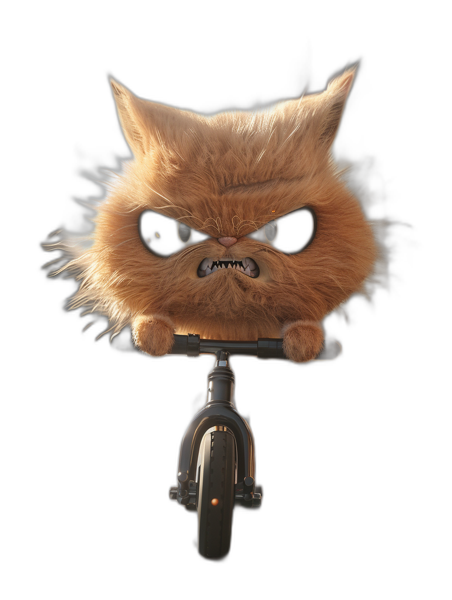 realistic photography of an angry furry cute cat on a bicycle, black background, cute character design in the style of front view