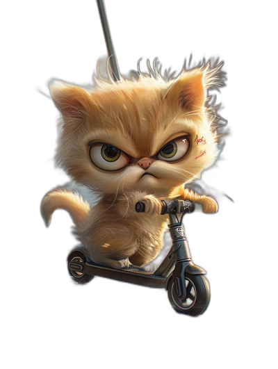 grumpy cute kitten character riding scooter, in the style of caricature, hyper realistic, high resolution, full hd, black background