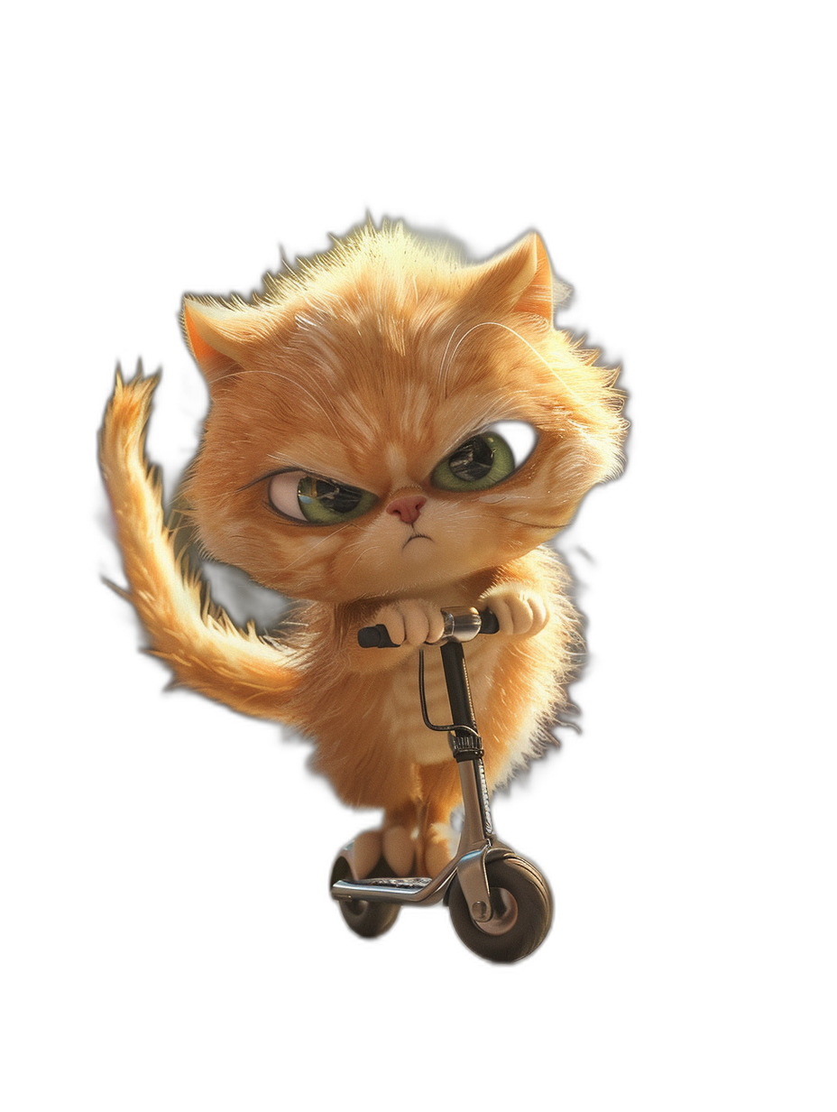 cute ginger cat riding scooter, angry expression, dark background, in the style of Pixar