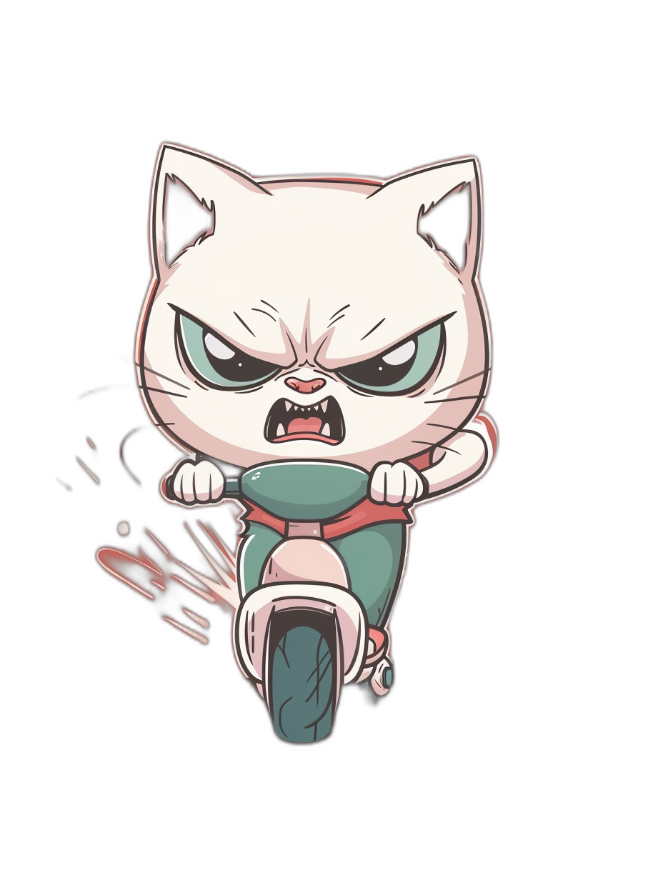 chibi cute cat riding on scooter, angry face, vector illustration, dark background, tshirt design