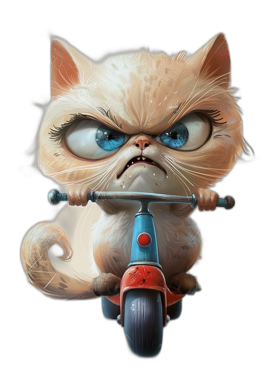 grumpy cat with blue eyes on scooter, cartoon style, black background, digital art by Pixar, Glen Fabry, [Ralph Steadman](https://goo.gl/search?artist%20Ralph%20Steadman)