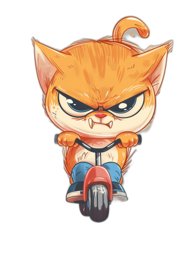 vector design of an angry orange cat on a motorcycle, isolated on a black background, in the style of Chibi characters, t-shirt vector design sticker, bold colors, cute and adorable cartoon character designs, cartoon realism, cartoon details