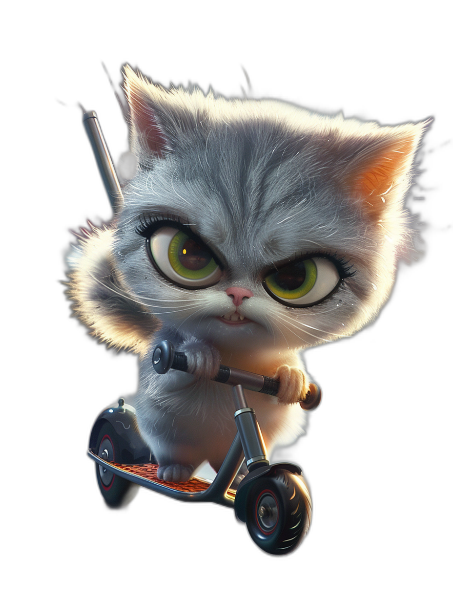 grumpy cute kitten character, white fur with grey color, big expressive eyes, riding scooter, in the style of Pixar, black background, high resolution digital art, cinematic lighting, sharp focus, illustration, extreme detail, HD