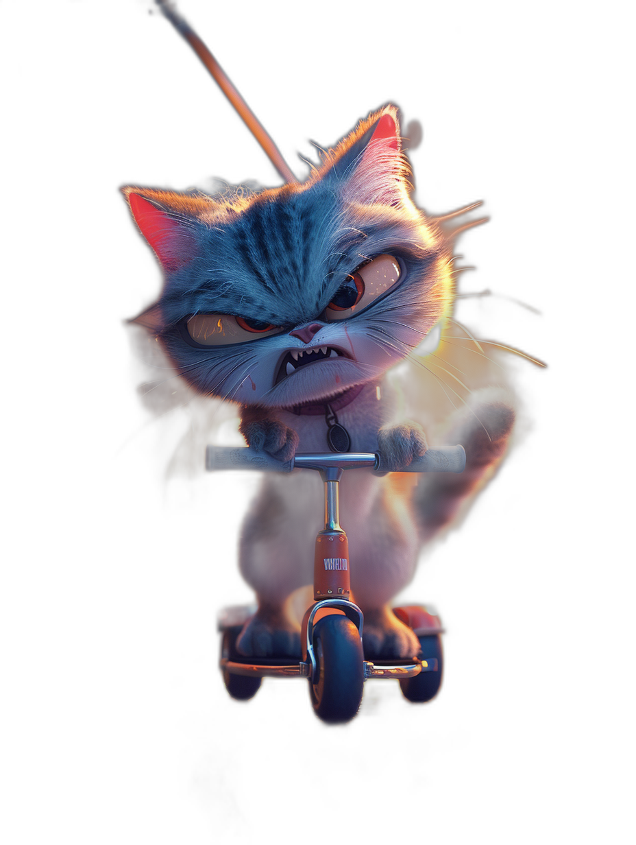 3D render of a cute kitten riding a scooter with an angry facial expression against a dark background in the style of Pixar.