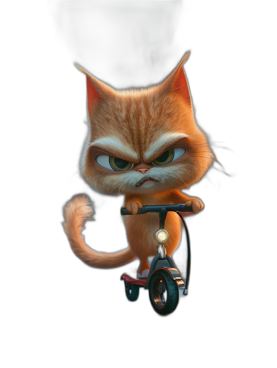 grumpy orange cat riding scooter, angry face, black background, in the style of Pixar style cartoon character, high resolution, octane render