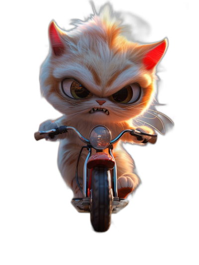 A cute cat riding on a motorcycle, with angry eyes, in the style of Pixar, on a black background, at a high resolution, with hyper quality, from a front view, with detailed rendering of fur and lighting, in a cartoon character design, with no shadows.