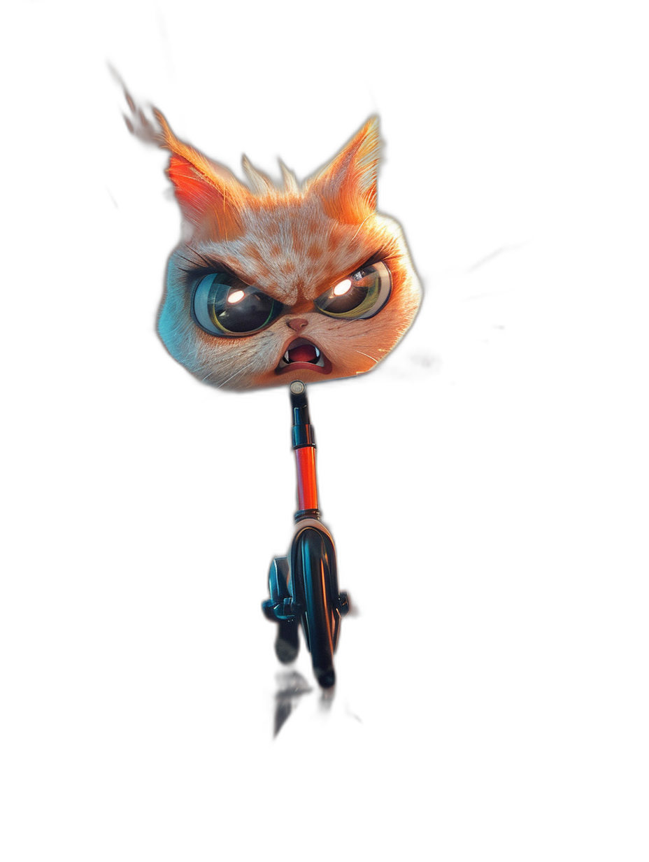 A cute cat with an angry expression riding on the front of a bicycle. Simple facial expressions and simple lines in the style of Pixar. Character design against a black background in a cartoon style with 3D rendering. A cute cartoon style in the Disney manner. Studio lighting like 2D game art. Bright colors with a red and orange color scheme at high resolution, detail, and quality.