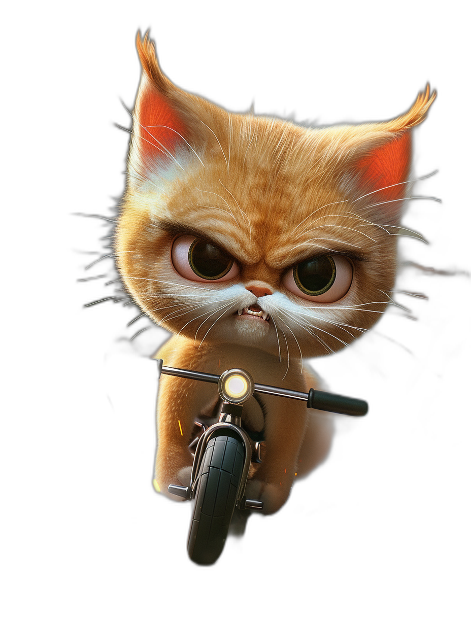 3D cartoon, happy cute cat riding on a motorcycle with an angry face, in the style of Pixar, adorable eyes, lovely, matte finishing, studio lighting, black background, rendered in Octane