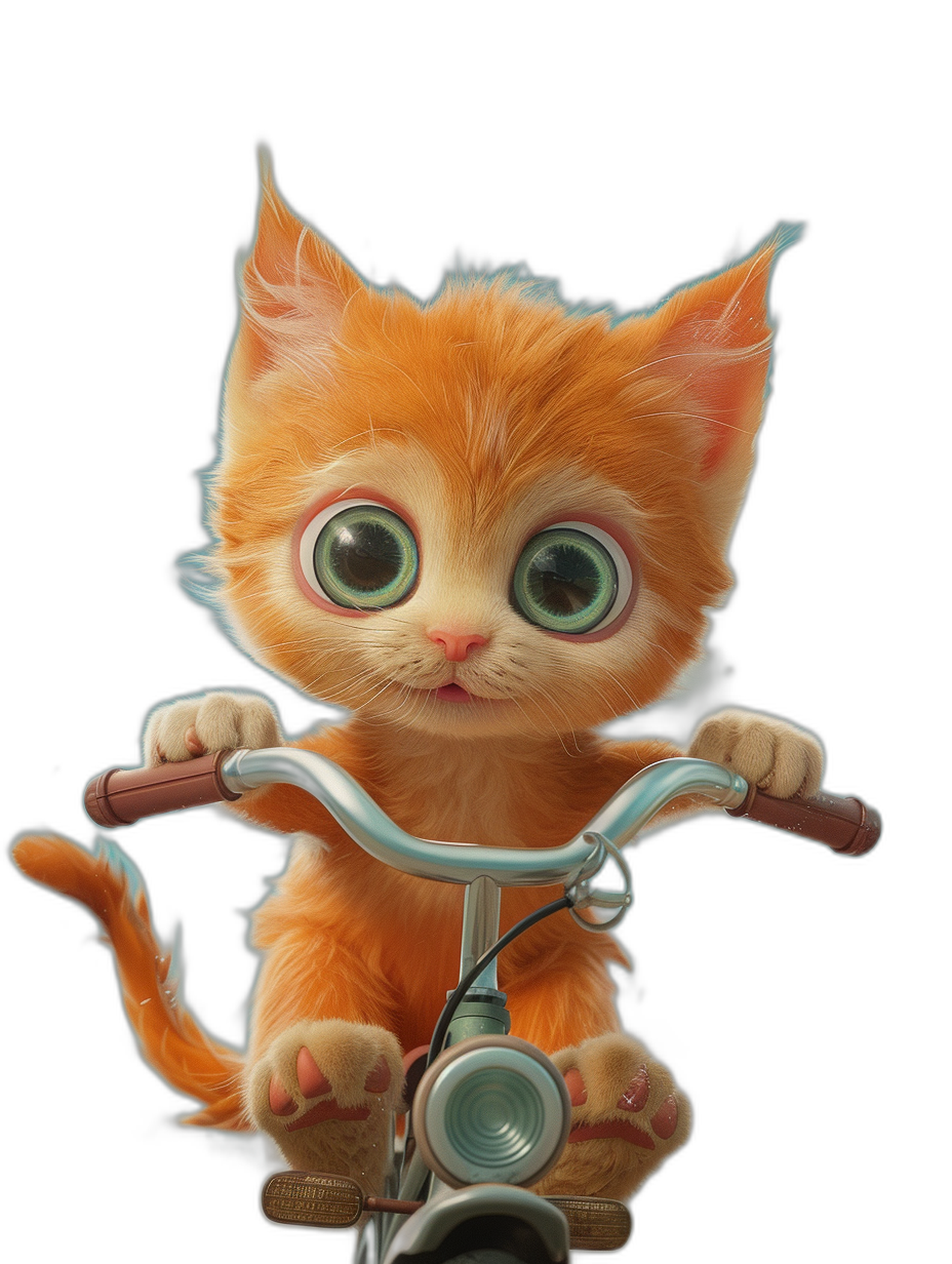 3D render of a cute orange kitten riding on a bike, with big eyes, against an isolated black background, in the style of Pixar.