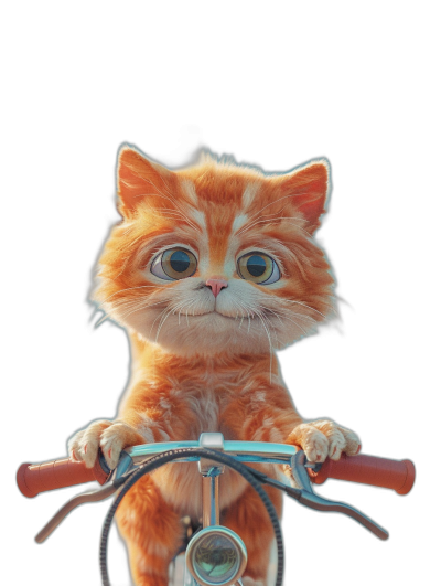 A cute orange cat riding on the front of a bicycle, shown from the front view, against a black background, in the cute style, with big eyes and realistic rendering details, in the style of Pixar animation, with high definition photography.