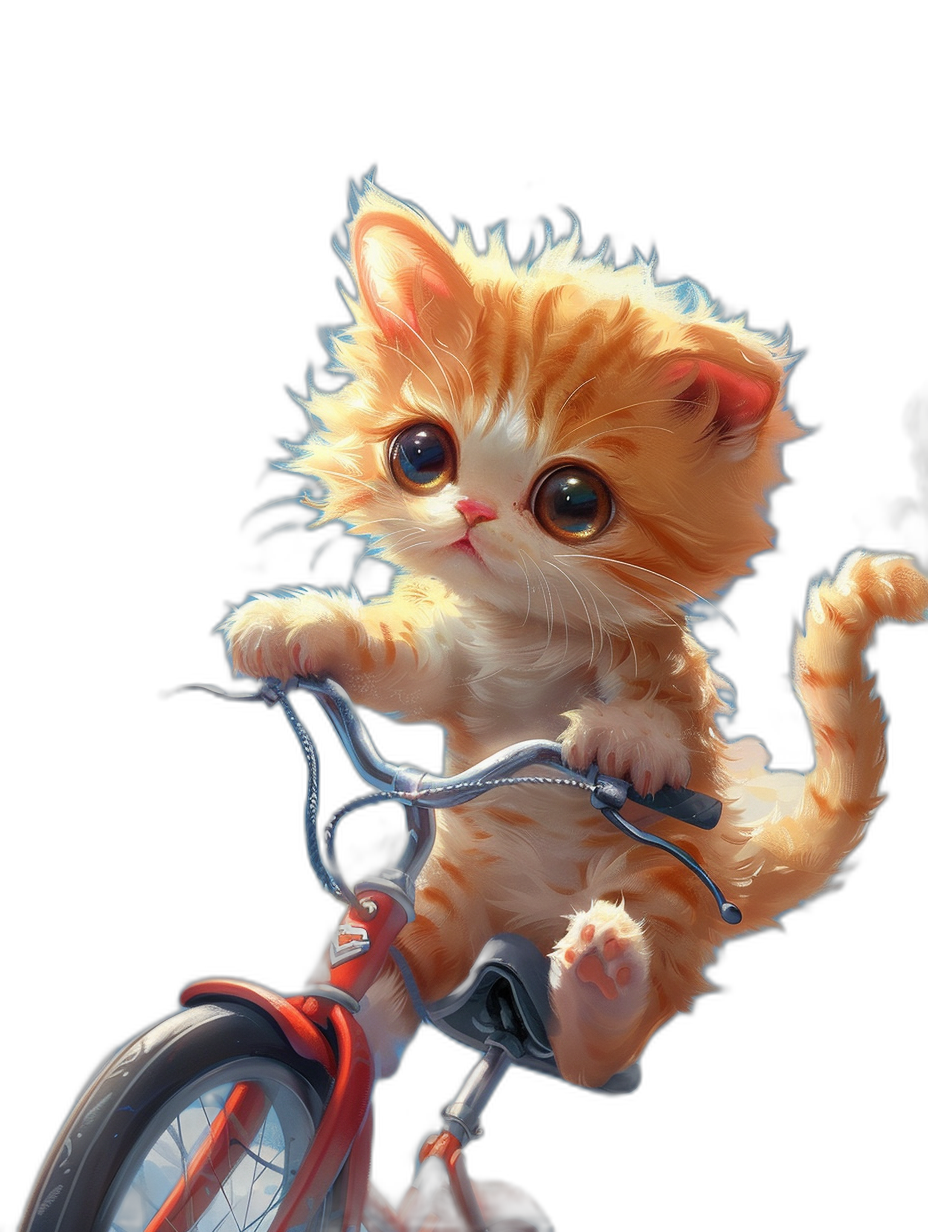 Cute orange kitten riding a bicycle, with big eyes, on a black background, in the cartoon style, digital art, high resolution, high detail, a digital painting, high quality.