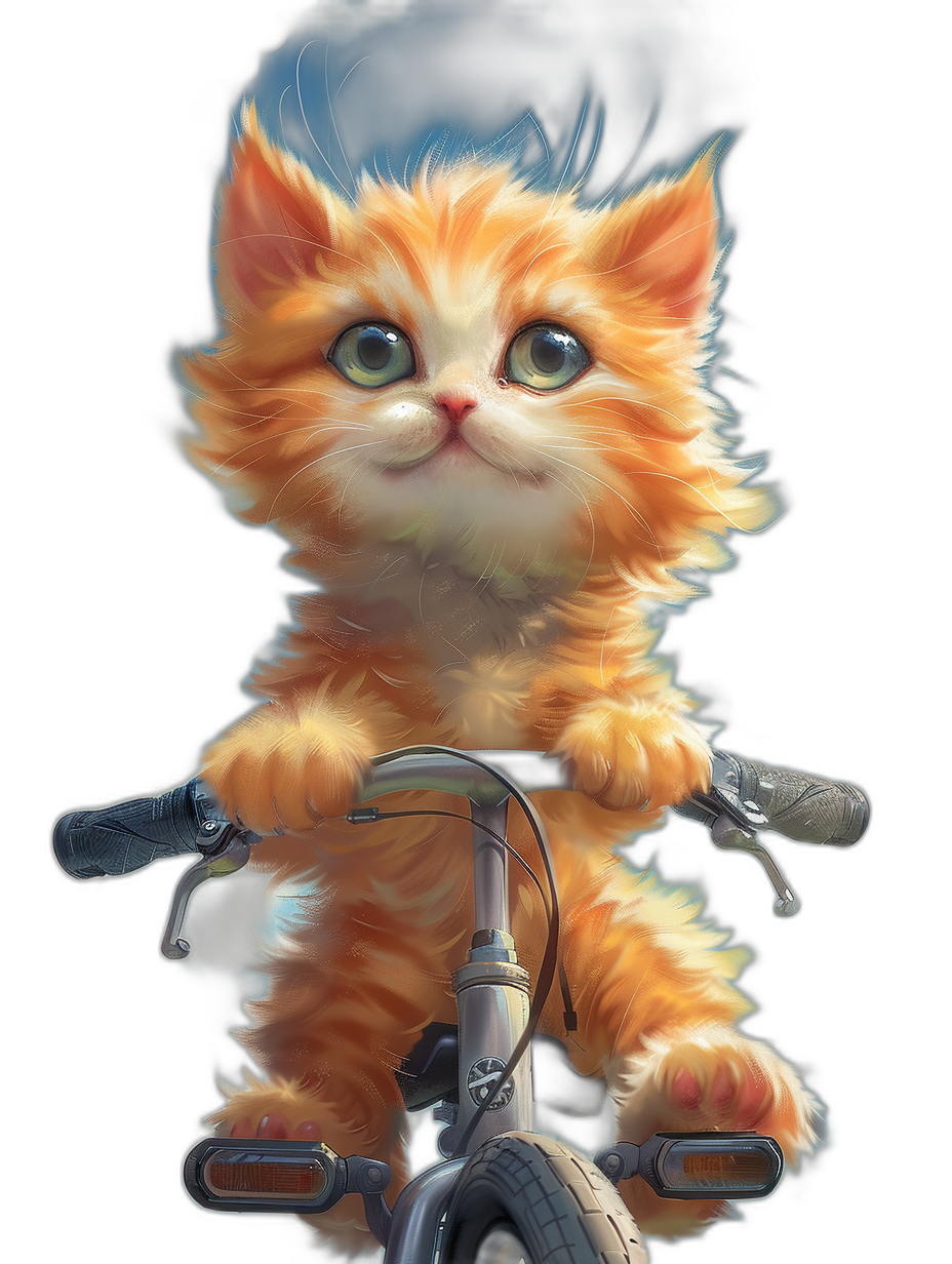 Cute orange kitten riding a bicycle in the style of fantasy art, a digital painting in high resolution on a black background, with a hyper realistic and fantasy concept art style, the art is super detailed with vibrant colors, trending on Artstation and deviantart.