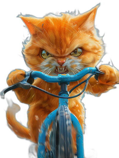 Cute orange cat riding a blue bicycle with an angry face in the style of a hyper realistic illustration against a black background, cute digital art in high resolution, high quality and with high detail in a cinematic style.